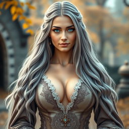 A beautiful cleric with a slender physique, featuring very large tender push-upped breasts, long soft layers of ash grey hair cascading down her back