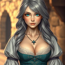 A stunningly beautiful cleric with a slender build and exceptionally large, tender push-upped breasts
