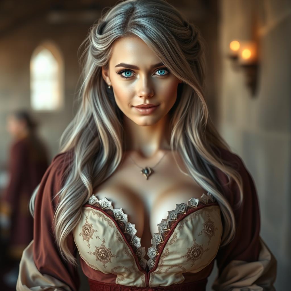 A stunningly beautiful cleric with a slender build and exceptionally large, tender push-upped breasts