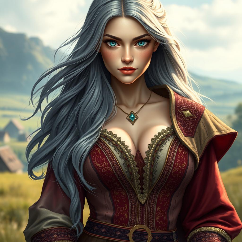 A stunningly beautiful cleric with a slender figure and large, well-defined push-up breasts