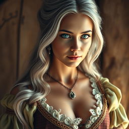 A beautiful European mother with a diamond-shaped face, exhibiting a modest yet captivating charm