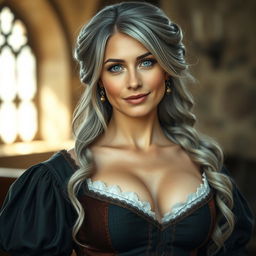 A beautiful European mother with a diamond-shaped face, exhibiting a modest yet captivating charm