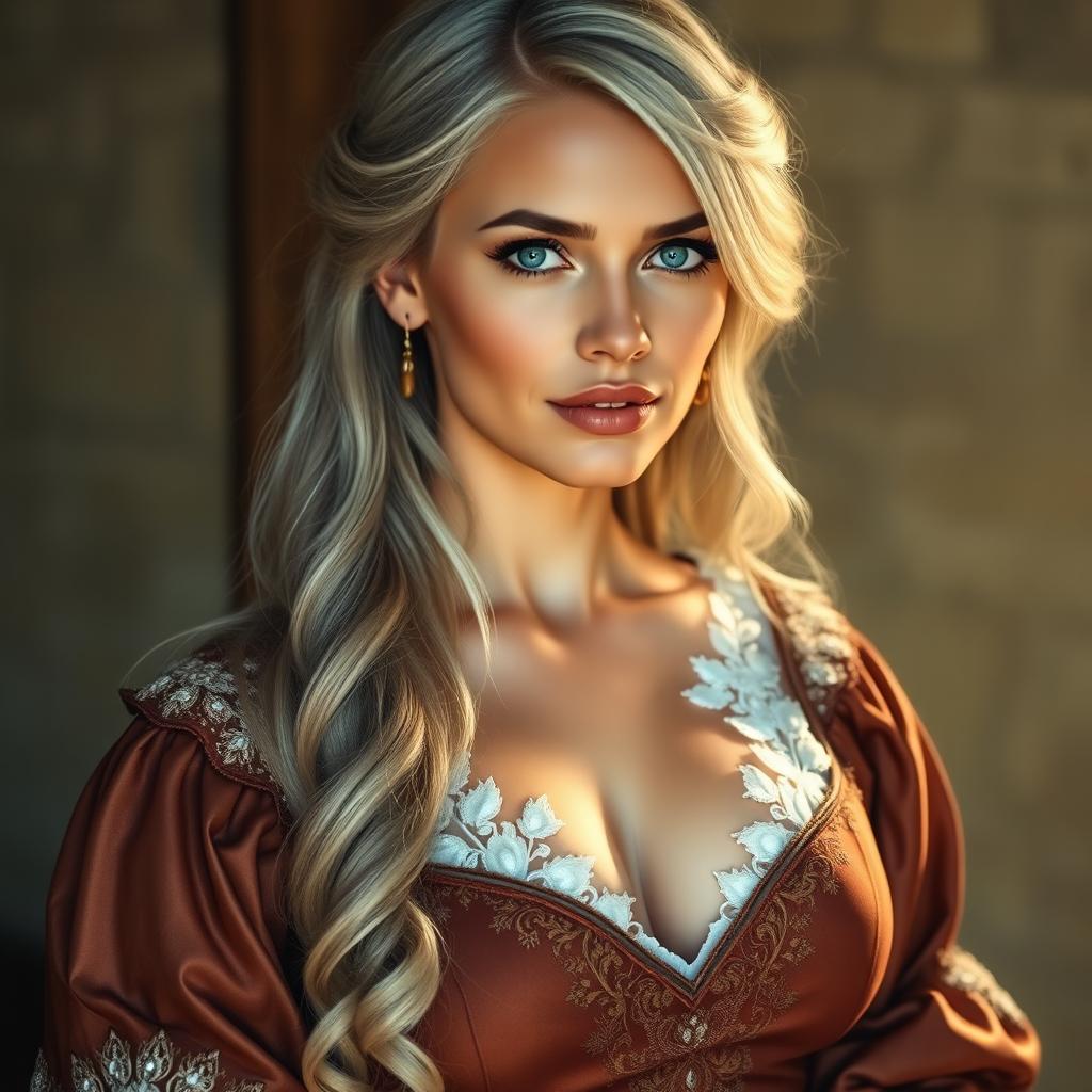 A beautiful European mother with a diamond-shaped face, exhibiting a modest yet captivating charm