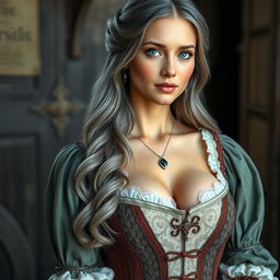 A beautiful, slender European mother exuding modesty and cuteness