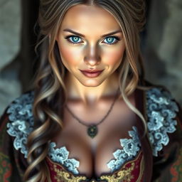 A beautiful, slender European mother exuding modesty and cuteness