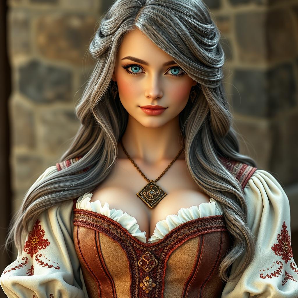 A beautiful, slender European mother exuding modesty and cuteness