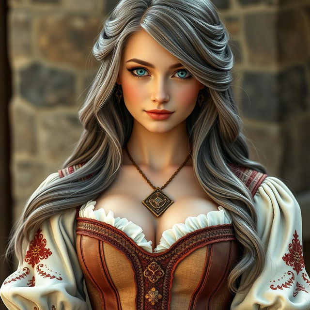 A beautiful, slender European mother exuding modesty and cuteness