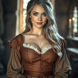 A busty, beautiful, and modest European mother with very large, tender push-up breasts