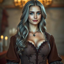 A busty, beautiful, and modest European mother with very large, tender push-up breasts