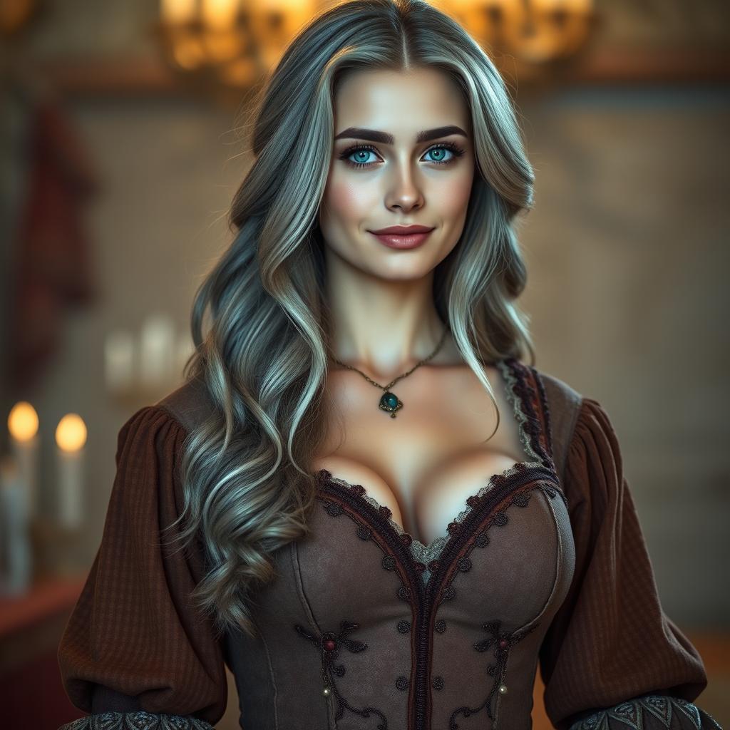 A busty, beautiful, and modest European mother with very large, tender push-up breasts