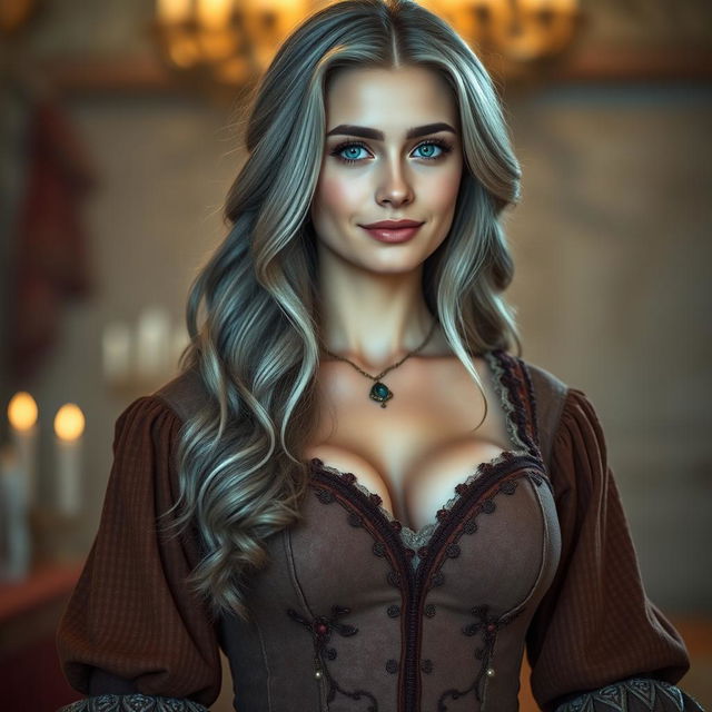 A busty, beautiful, and modest European mother with very large, tender push-up breasts