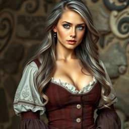 A busty, beautiful, modest, and cute slender European mother with very large, tender push-upped breasts