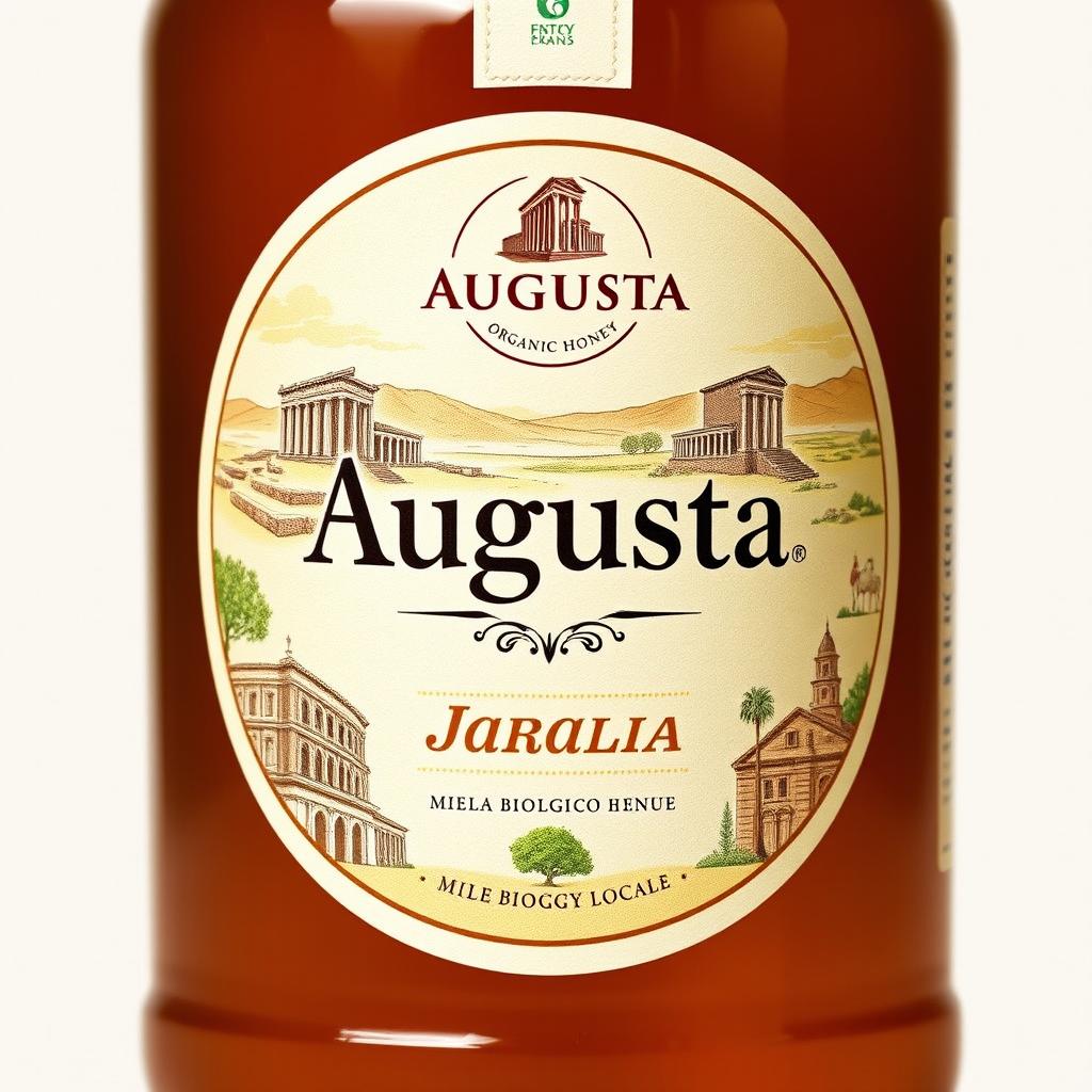A captivating label design for 'Augusta' organic honey, featuring ancient scenes from Augusta Bagennorum