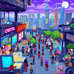 A vibrant pixel art scene depicting the theme of Project AGNT