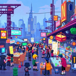 A vibrant pixel art scene depicting the theme of Project AGNT