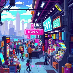 A vibrant pixel art scene depicting the theme of Project AGNT