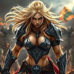 A full-body shot of a fierce armored warrior woman, illustrated in high quality and photo-realistic detail