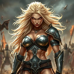 A full-body shot of a fierce armored warrior woman, illustrated in high quality and photo-realistic detail
