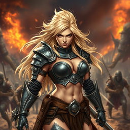 A full-body shot of a fierce armored warrior woman, illustrated in high quality and photo-realistic detail