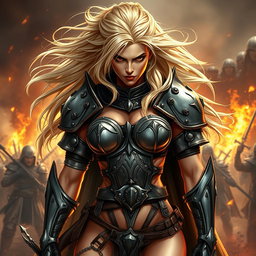 A full-body shot of a fierce armored warrior woman, illustrated in high quality and photo-realistic detail