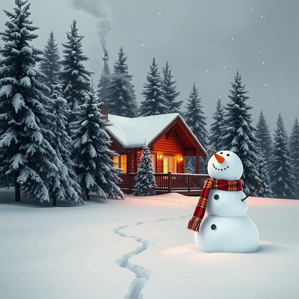 A serene winter landscape featuring a cozy cabin surrounded by snow-covered trees, with smoke curling from the chimney