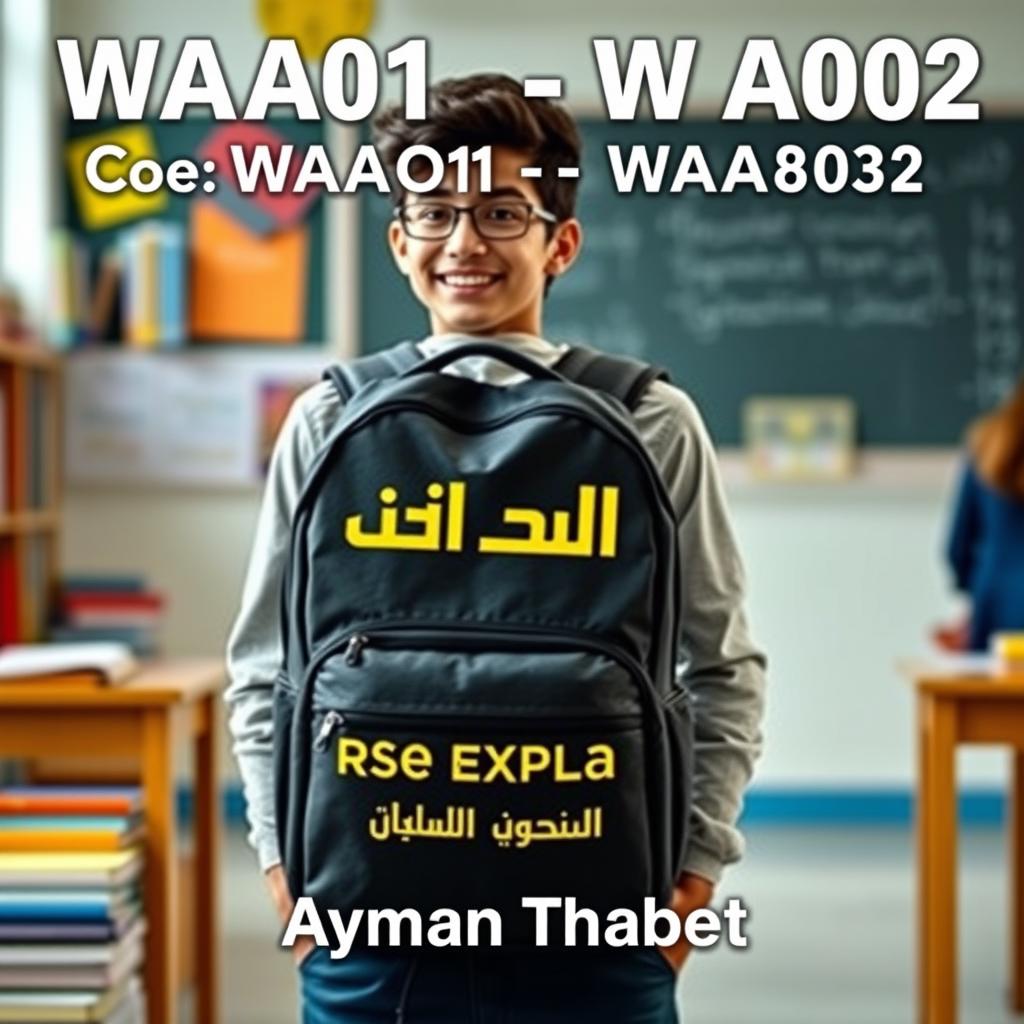 An image of a student standing confidently in a vibrant school environment, wearing a backpack prominently displayed