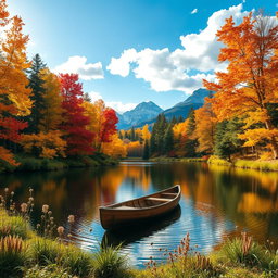 A serene landscape featuring a vibrant autumn forest with golden and crimson leaves, a tranquil lake reflecting the colorful trees, and soft sunlight filtering through the branches
