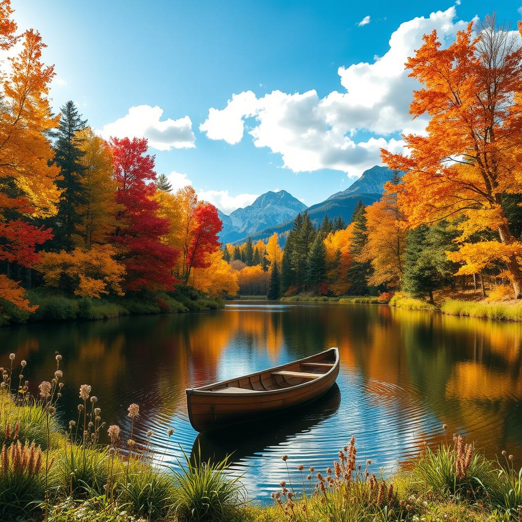 A serene landscape featuring a vibrant autumn forest with golden and crimson leaves, a tranquil lake reflecting the colorful trees, and soft sunlight filtering through the branches