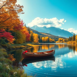 A serene landscape featuring a vibrant autumn forest with golden and crimson leaves, a tranquil lake reflecting the colorful trees, and soft sunlight filtering through the branches