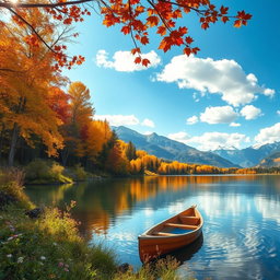 A serene landscape featuring a vibrant autumn forest with golden and crimson leaves, a tranquil lake reflecting the colorful trees, and soft sunlight filtering through the branches