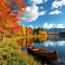 A serene landscape featuring a vibrant autumn forest with golden and crimson leaves, a tranquil lake reflecting the colorful trees, and soft sunlight filtering through the branches