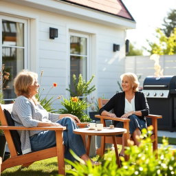 Two middle-aged women sitting in a sunny, modern Scandinavian backyard, enjoying a lively chat while seated in stylish wooden chairs