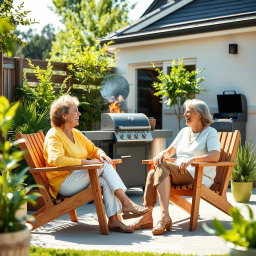 Two middle-aged women sitting in a sunny, modern Scandinavian backyard, enjoying a lively chat while seated in stylish wooden chairs