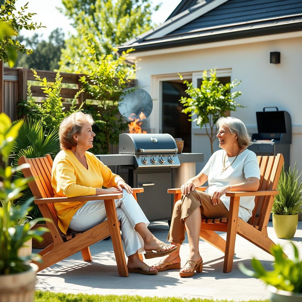Two middle-aged women sitting in a sunny, modern Scandinavian backyard, enjoying a lively chat while seated in stylish wooden chairs