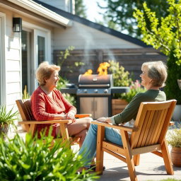 Two middle-aged women sitting in a sunny, modern Scandinavian backyard, enjoying a lively chat while seated in stylish wooden chairs