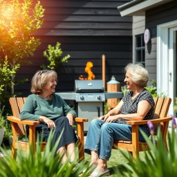 Two middle-aged women sitting in a sunny, modern Scandinavian backyard, enjoying a lively chat while seated in stylish wooden chairs