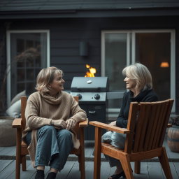 Cinematic shot of two middle-aged women sitting side by side in stylish wooden chairs in a moody modern Scandinavian backyard
