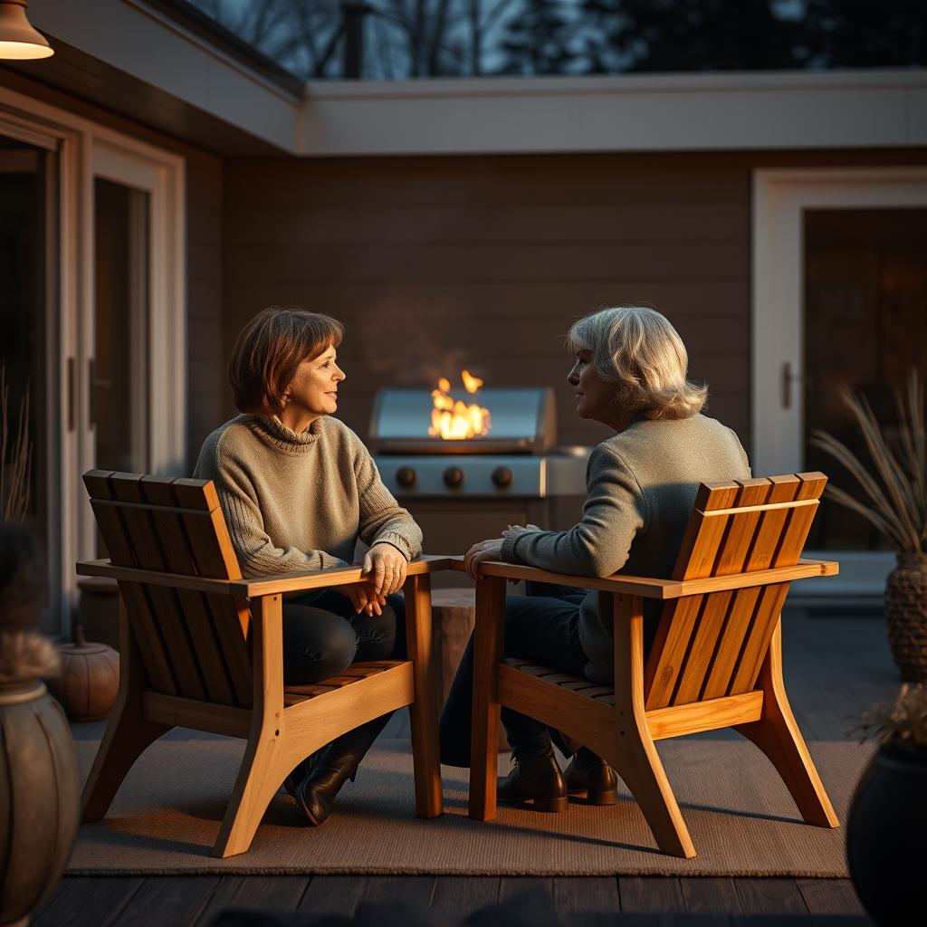 Cinematic shot of two middle-aged women sitting side by side in stylish wooden chairs in a moody modern Scandinavian backyard