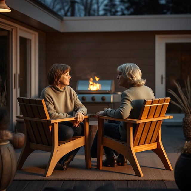 Cinematic shot of two middle-aged women sitting side by side in stylish wooden chairs in a moody modern Scandinavian backyard