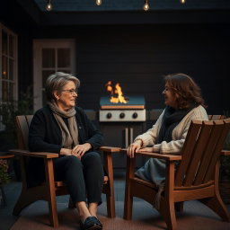 Cinematic shot of two middle-aged women sitting side by side in stylish wooden chairs in a moody modern Scandinavian backyard
