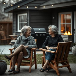 Cinematic shot of two middle-aged women sitting side by side in stylish wooden chairs in a moody modern Scandinavian backyard