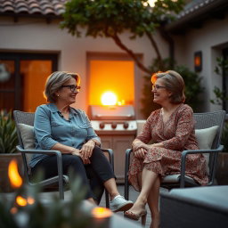 Cinematic shot of two middle-aged women sitting side by side in stylish terrace chairs in a modern European backyard during sunset