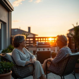Cinematic shot of two middle-aged women sitting side by side in stylish terrace chairs in a modern European backyard during sunset
