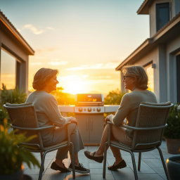 Cinematic shot of two middle-aged women sitting side by side in stylish terrace chairs in a modern European backyard during sunset