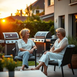 Cinematic shot of two middle-aged women sitting side by side in stylish terrace chairs in a modern European backyard during sunset