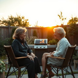 Cinematic shot of two middle-aged women sitting side by side in terrace chairs, engaged in a friendly conversation