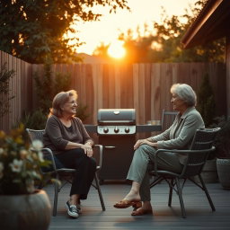Cinematic shot of two middle-aged women sitting side by side in terrace chairs, engaged in a friendly conversation