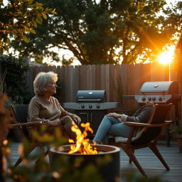 Cinematic shot of two middle-aged women sitting side by side in terrace chairs, engaged in a friendly conversation