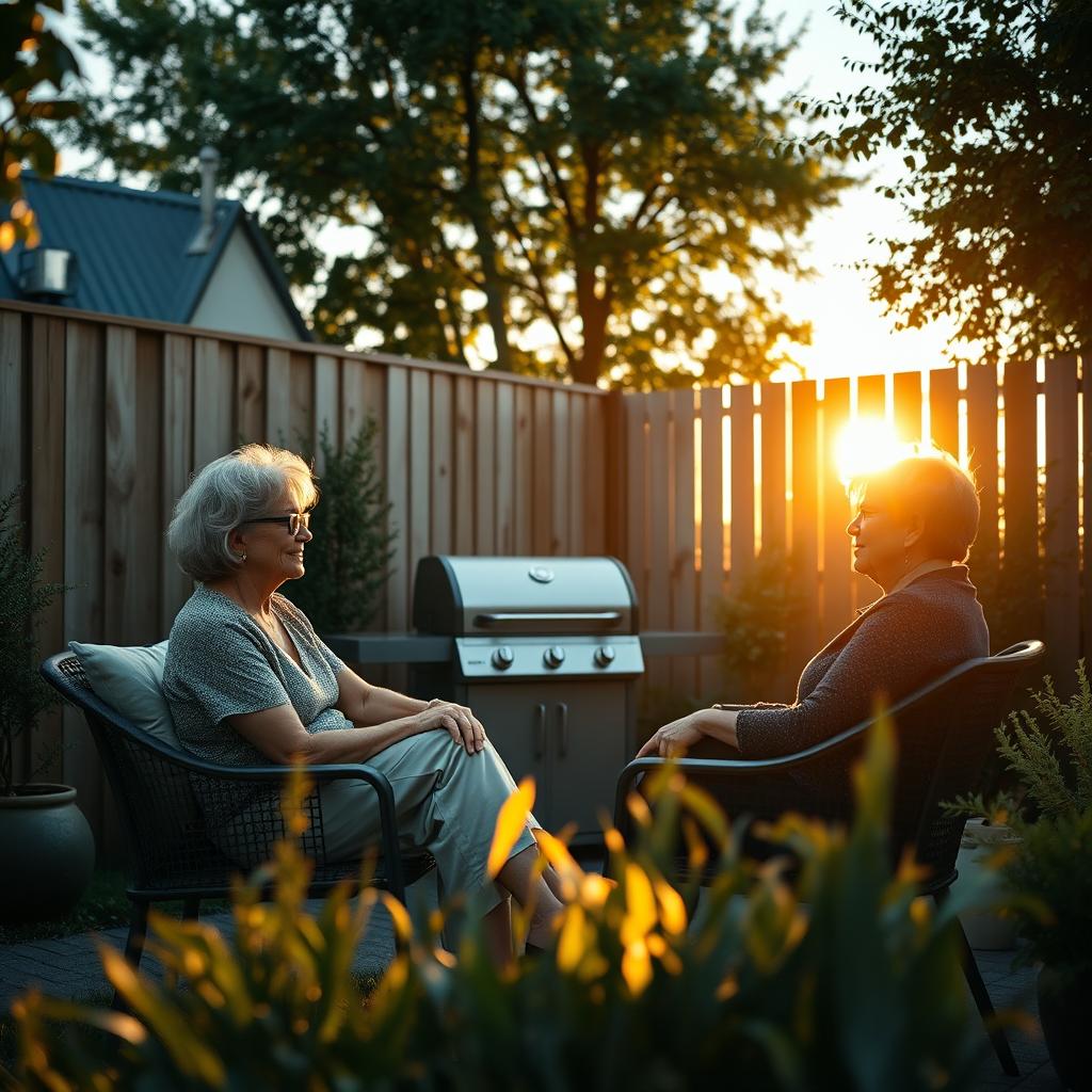 Cinematic shot of two middle-aged women sitting side by side in terrace chairs, engaged in a friendly conversation