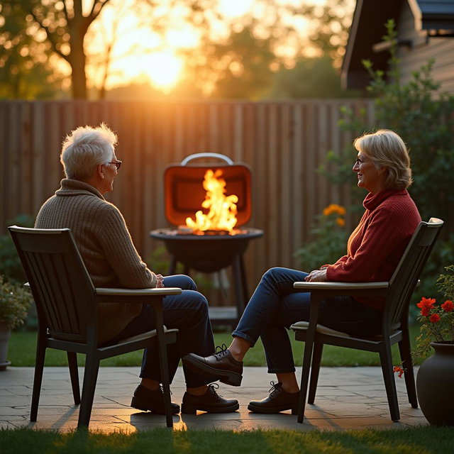 Cinematic shot of two middle-aged women sitting side by side in terrace chairs, engaged in conversation